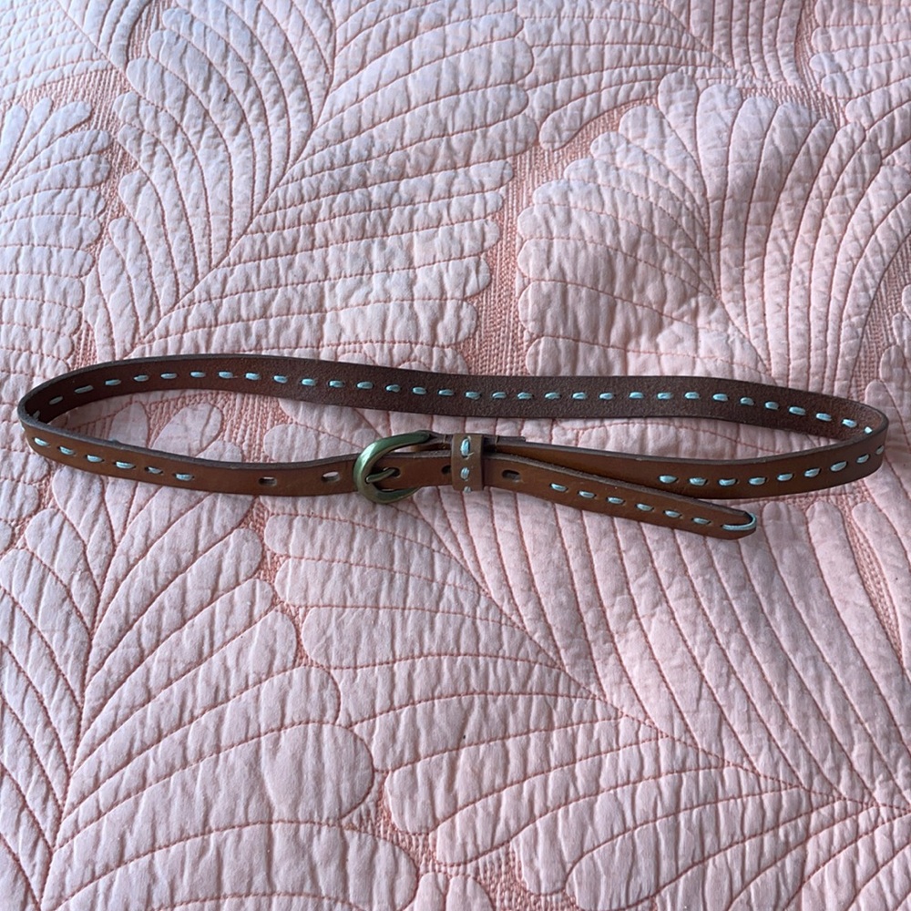 Anthropologie Brown Leather Belt with Turquoise Stitching